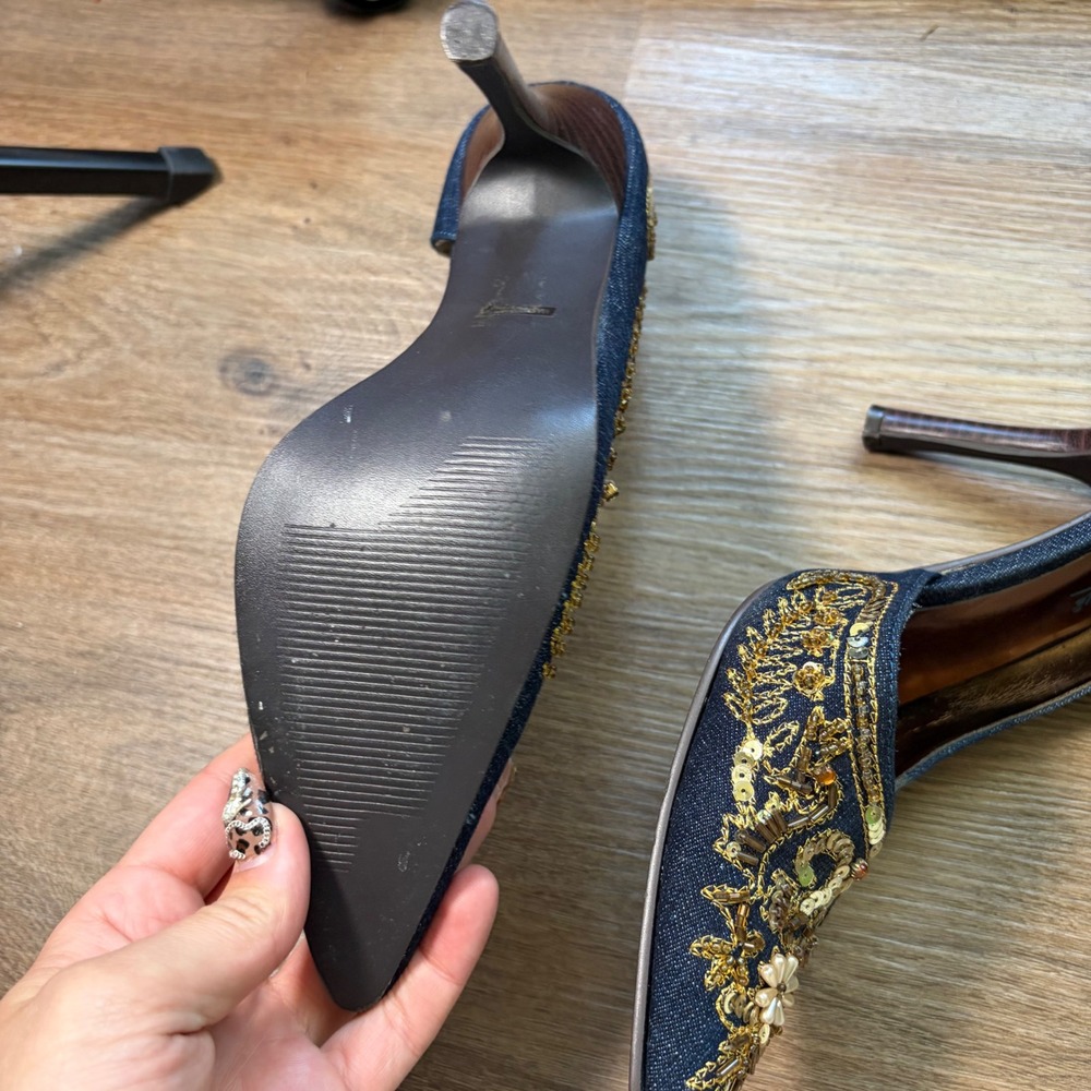 Beaded Y2K Fairy Denim Embellished Pointed Toe Pumps Gold Sequin Heels Size 8.5 - Picture 5 of 6